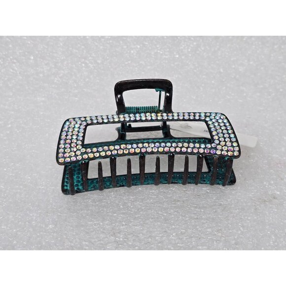 Large Rhinestone Embellished Hair Claw Clip Black & Teal - Picture 3 of 3
